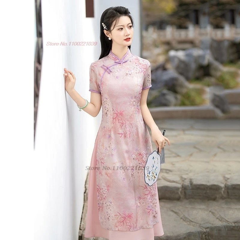 2025 vietnam traditional dress aodai chinese improved qipao national flower print cheongsam dress stage performance a-line dress