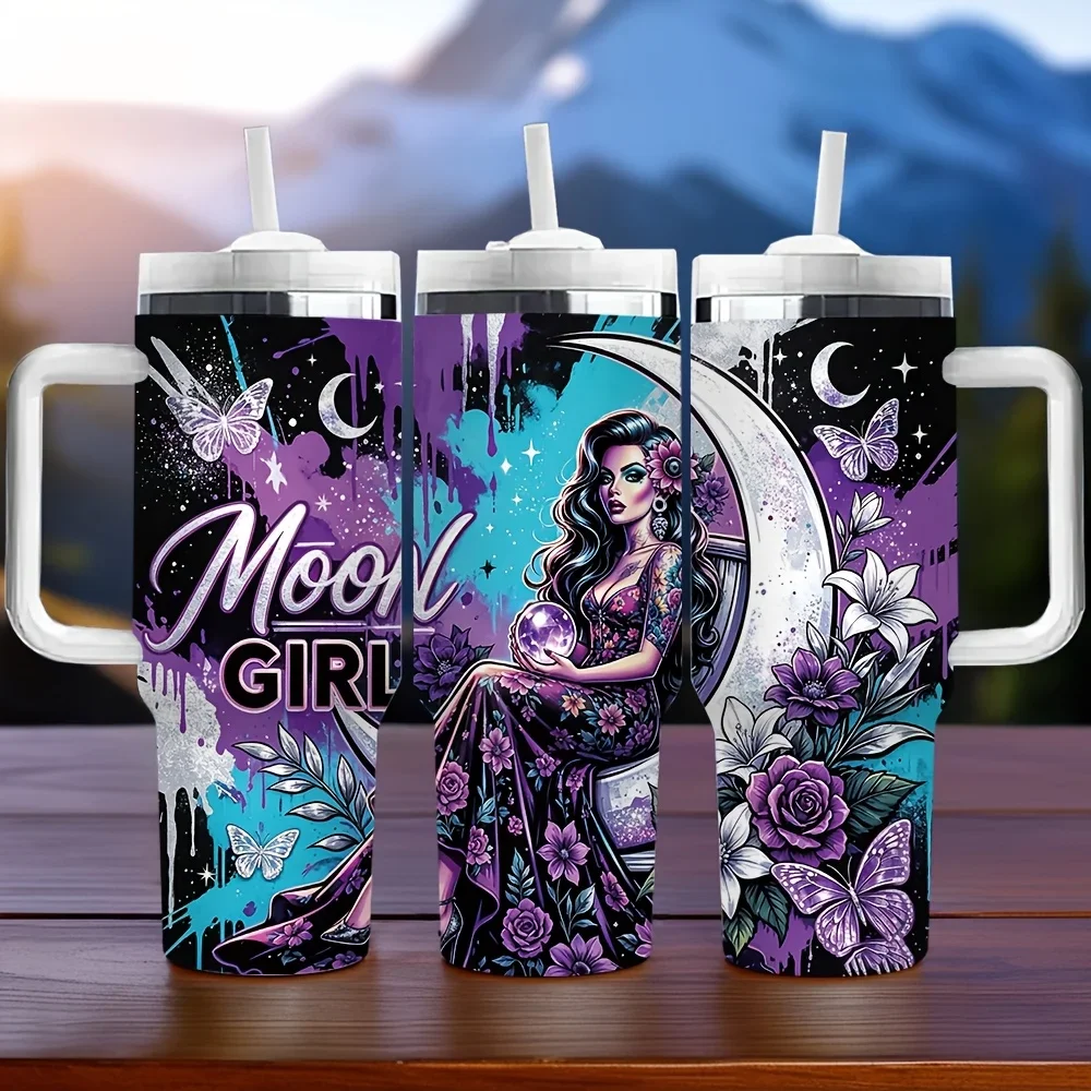 40Oz Insulated Tumbler with Handle, Featuring Moon Girl Purple Floral Butterfly Print, Long-Lasting Insulation, Perfect Holiday Birthday Gift for Women, Suitable for Daily And Outdoor Activities