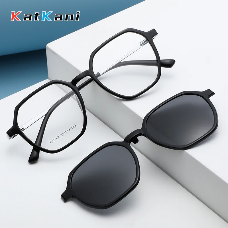 Retro Fashion Polygon Spectacle Magnetic Clipon Glasses Polarized Sunglasses UV400 Optical Prescription Frame Man Woman TJ2187