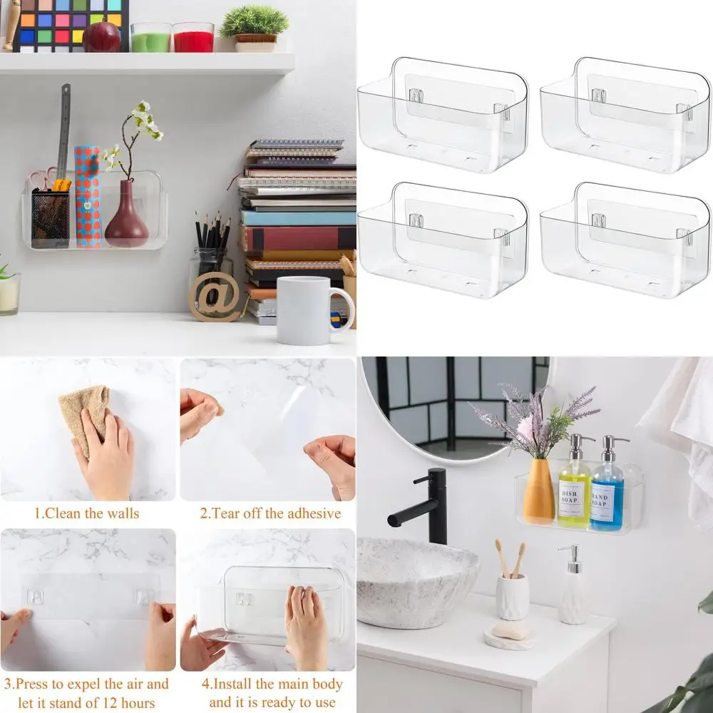 

Clear Plastic Wall-Mounted Storage Organizer Cabinet with Self-Adhesive, No Drilling Needed for Home & Office Use