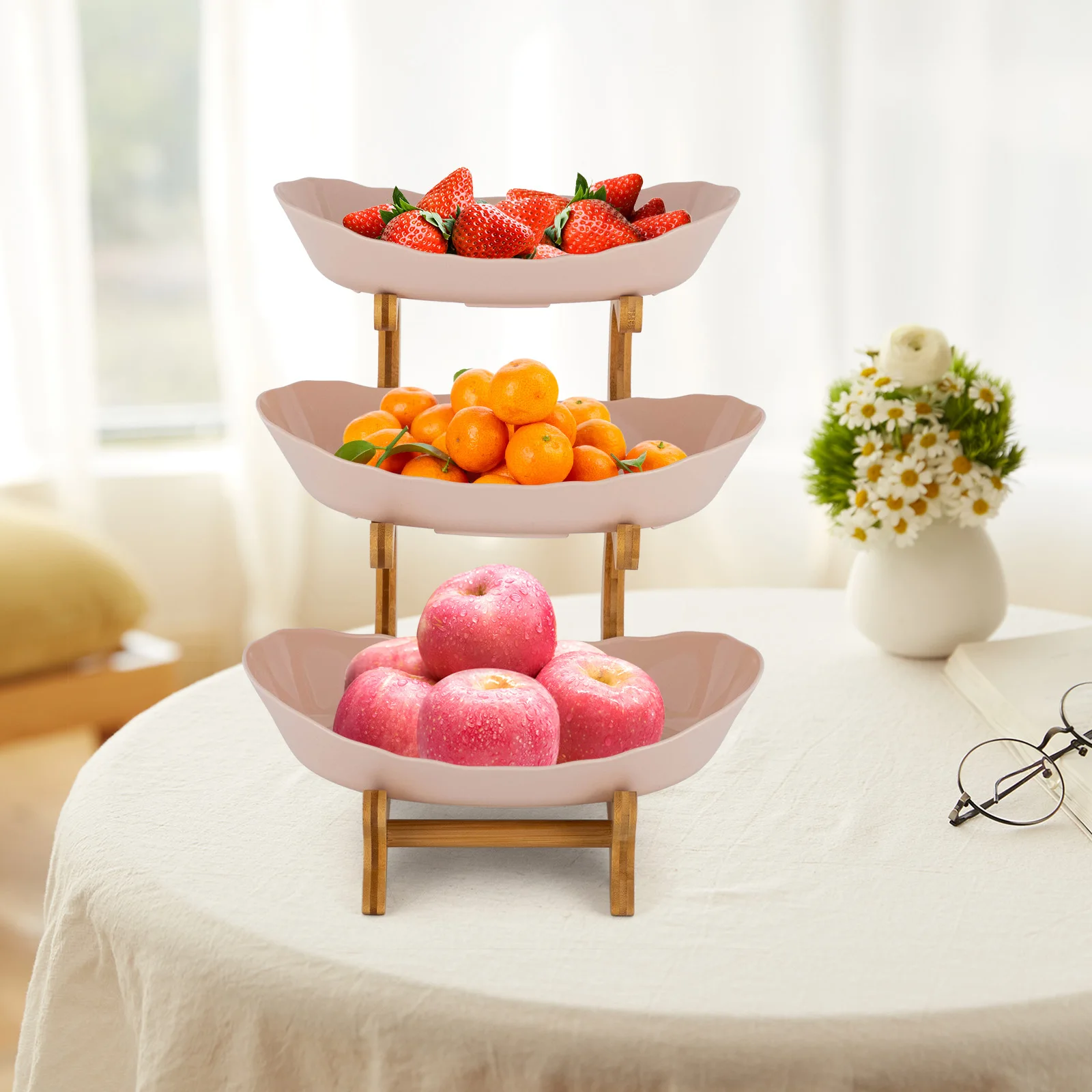 

3-Tier Food-Grade PP Fruit Bowls With Stand,Dessert Cake Tray Plate Rack For Party Wedding, Fruit Bowl With Bamboo Wood Stand