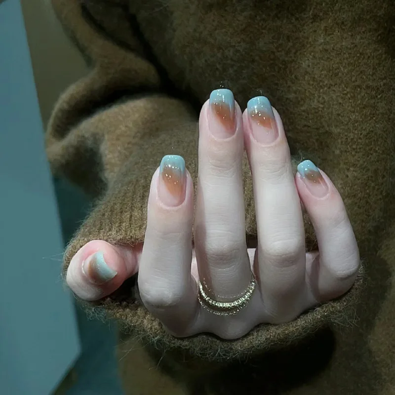 

24Pcs Long Brown Green Gradient False Nails Luxury Short Square Head Fake Nails ins Removable Press on Nails with Tool