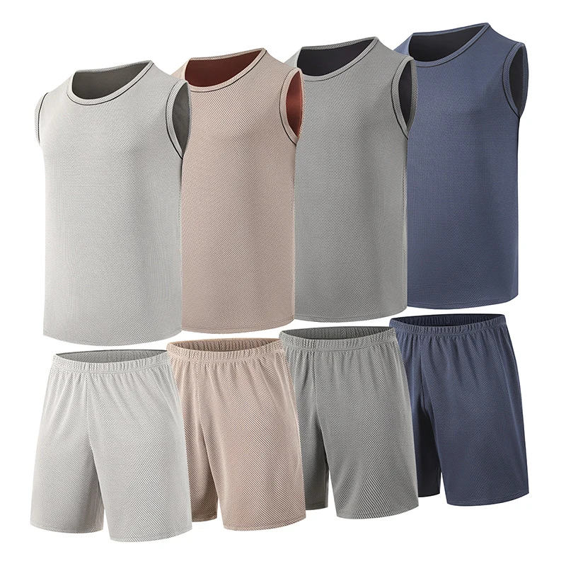 2-piece Men's Summer Solid Color Basic Casual Vest Shorts Set Comfortable Sports Running Fitness Wide Shoulder Vest Loose Shorts