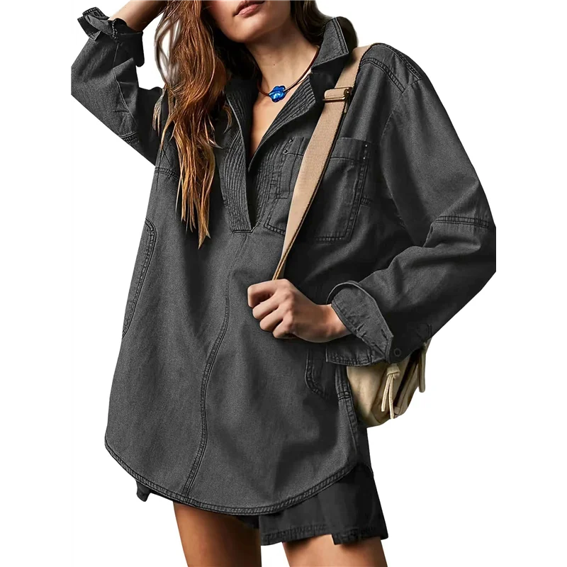 

Женский джинсовый пуловер, повседневная блузка с V-образным вырезом на пуговицах, свободная джинсовая куртка с длинными рукавами и карманом-A55G