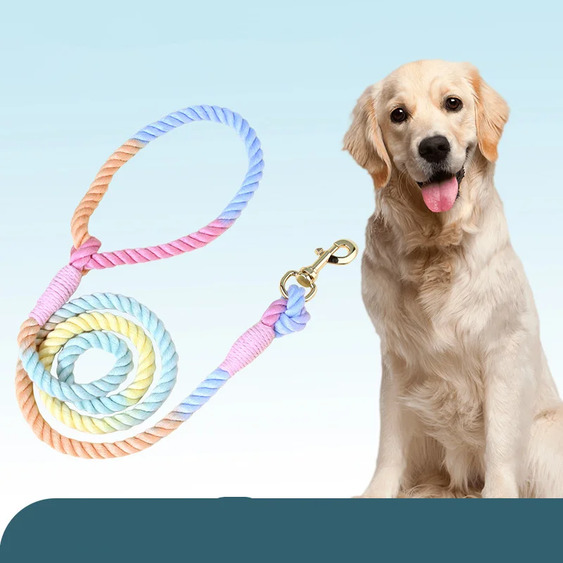 Fashion Pet Accessories Weaving Gradient Colored Cotton Rope Dog Pet Macaron Leash Collar Set for Large Dog Walking