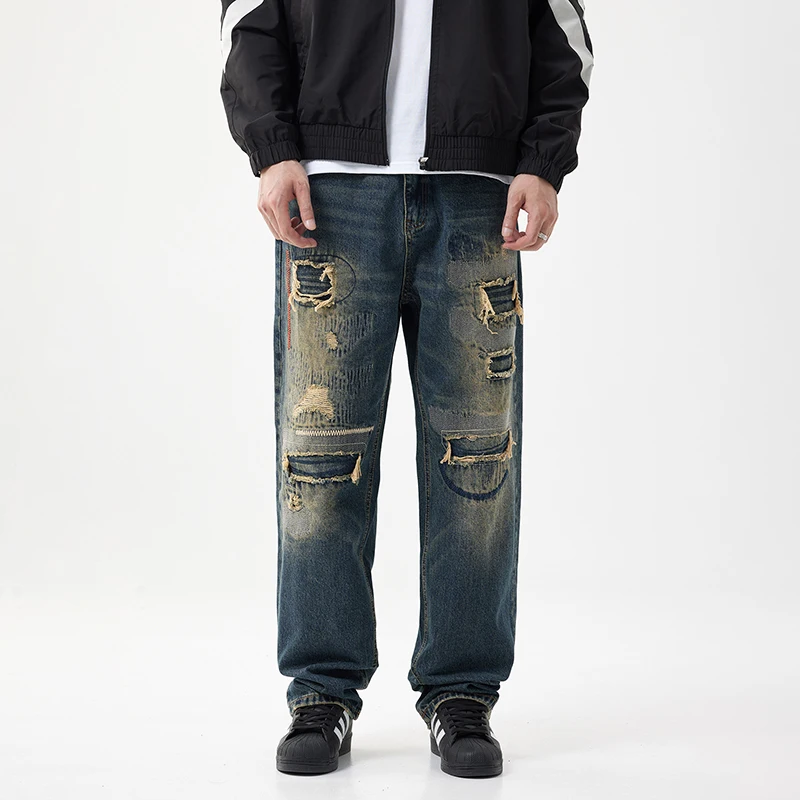 

Hip Hop Jeans Men Baggy Pants Wide Leg Loose Men Ripped Jeans Patchwork Dark Blue Moto Biker Pants Denim Trousers Man Distressed