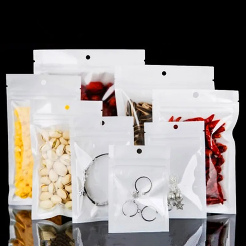 100pcs Clear Front White Zip Lock Gifts Bag Translucent Snack Candy Phone Case Jewelry Mask Bracelet Ornaments Packaging Pouches