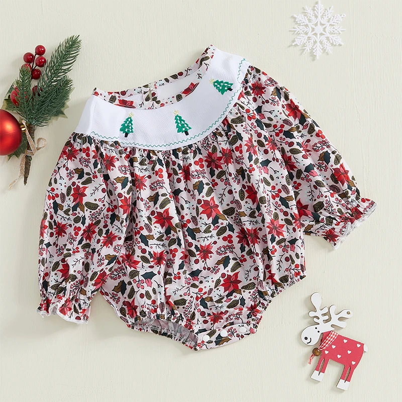 Baby Girl Christmas Outfit Smocked Bubble Romper Long Sleeve Floral Bodysuit Infant Fall Jumpsuit Xmas Clothes