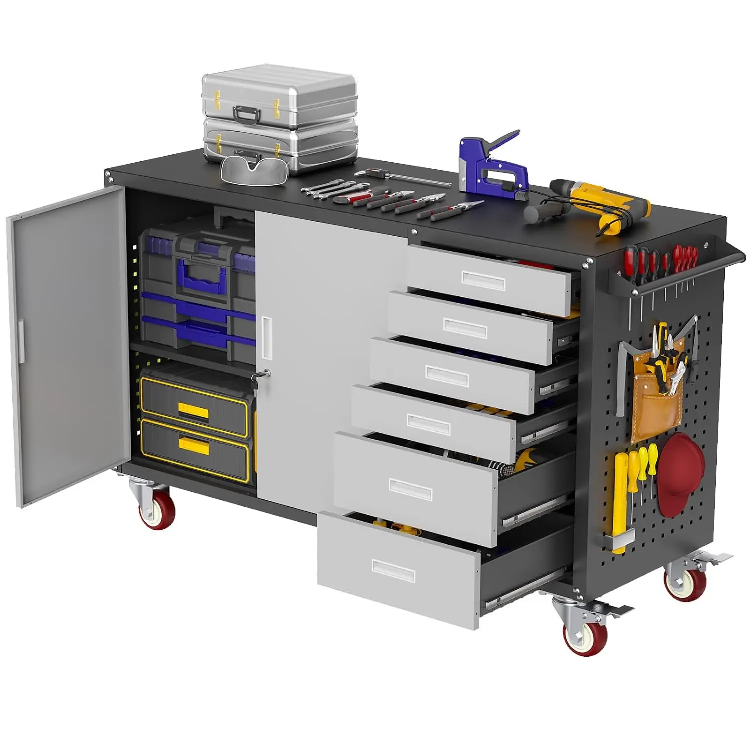 55 Zoll breite Rollwerkbank mit 6 Schubladen und Staufach, 450 kg Tragkraft, Hochleistungs-Werkbank mit Lochplatte, individuell anpassbar