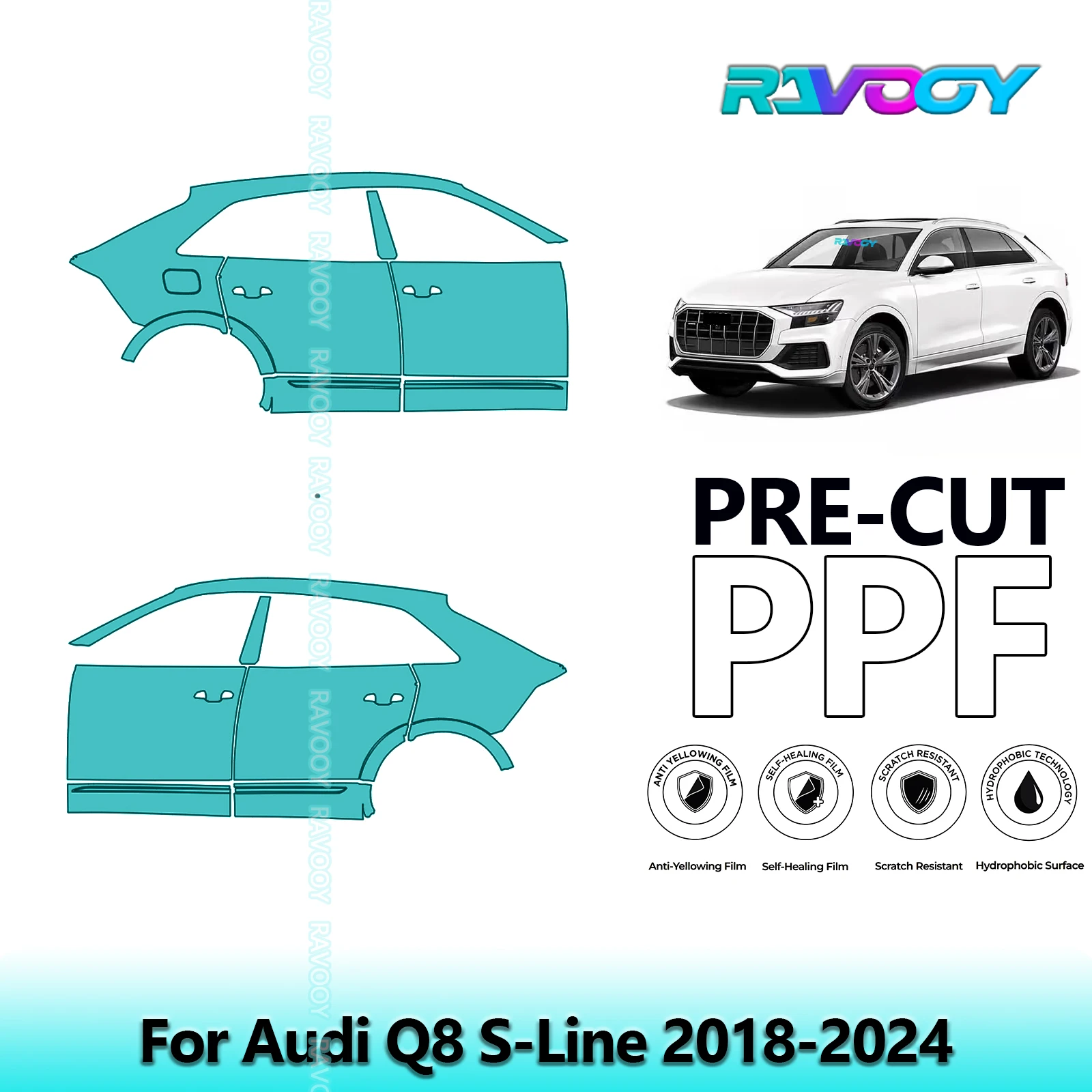 

For Audi Q8 S-Line 2018-2024 8.5mil Clear Matte Pre-Cut PPF Door & A/B Pillar Kit TPU Paint Protection Film Set
