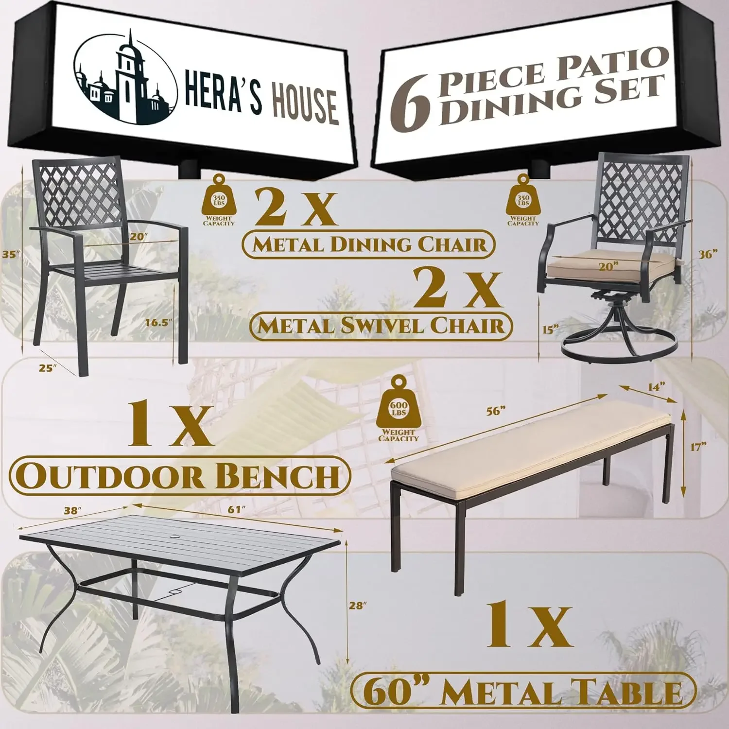 6 Pieces Patio Dining Set, 2 x Cushioned Swivel Chair, Umbrella Hole, Outdoor Funiture Set for Deck, Garden, Backyard