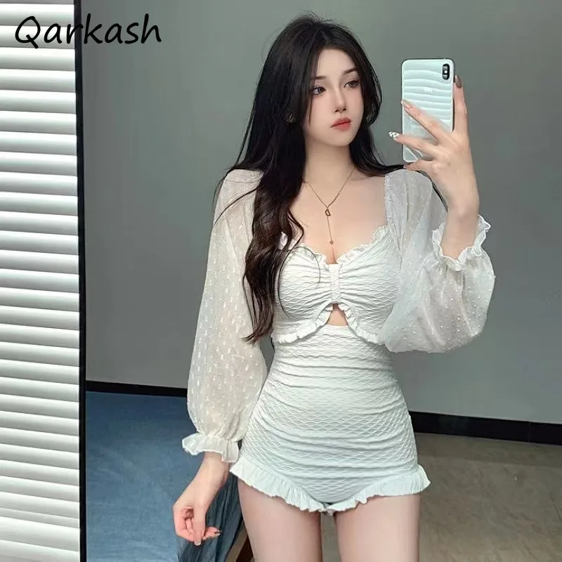 Cover-ups Women Sun Protection Beach Vacation Elegant Fashion New Hollow Out Ruffle Sleeve Sexy Slim Swimwears Korean Tender