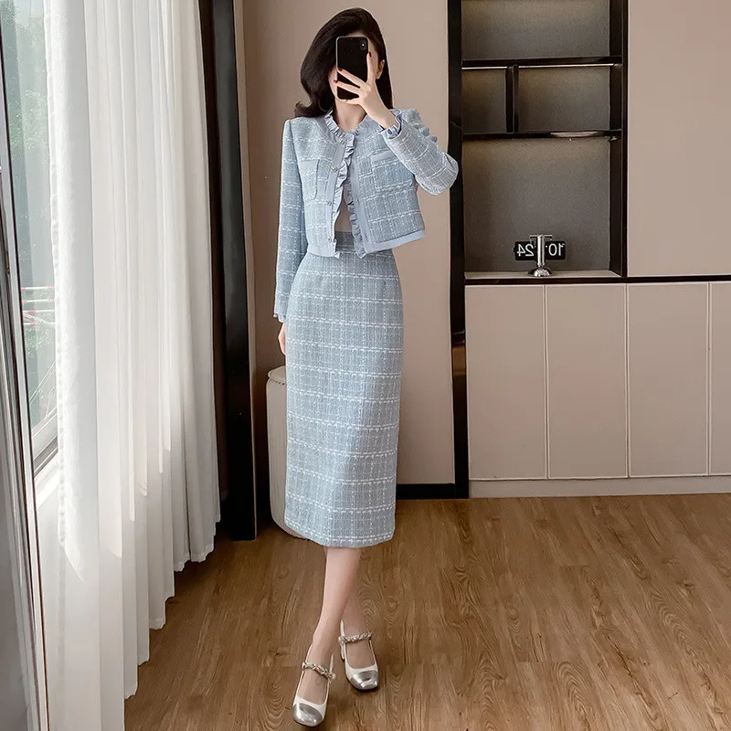 ピンクのツイードスーツジャケットとハーフレングスのスカート,2ピース,気質セット,小さなフレグランススタイル,秋冬,2022