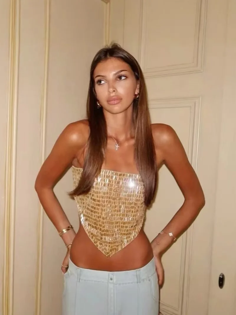 

Triangular Sequin Strapless Vest Bead Embroidery Lace Up Top Tank Blouse Backless Strap Sexy Crop Waistcoat Women's Clothing New