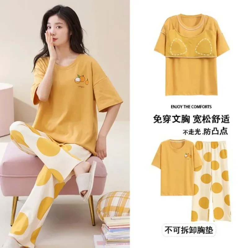 Neue Damen Frühling Sommer Loungewear Gepolsterte Kurzarm-Oberteile Lange Hosen Mädchen Pyjamas Damen Lose Pyjamas Frauen Homewear Set