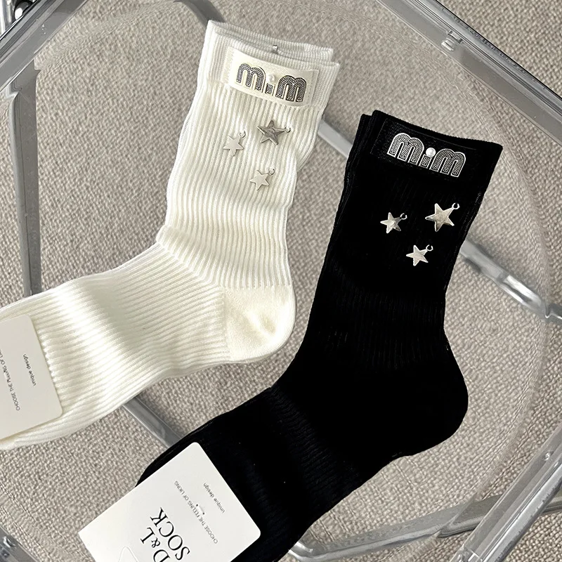 Decorative Star Charm Crew Socks Thin Breathable Cotton Socks for Women Spring Summer Lightweight Luxury Leisure Mid-Calf Socks