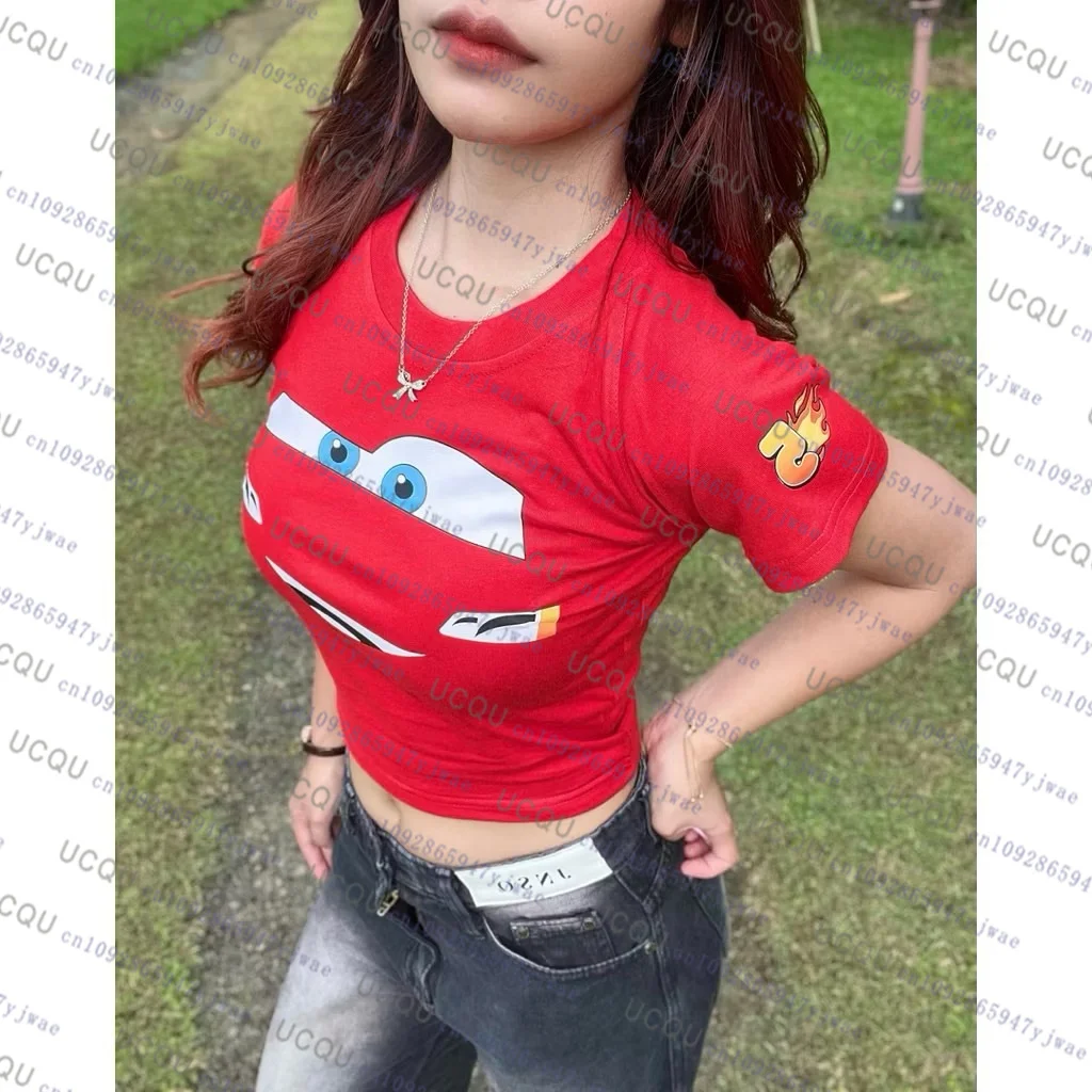 أزياء المرأة المحاصيل المحملة البرق ماكوين سيارات طباعة ثلاثية الأبعاد المرأة تي شيرت قصير الأكمام الشارع الشهير Y2K فضفاض ملابس النساء غير رسمية