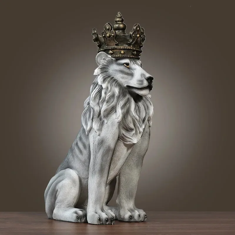 Modern Home Decor Crown Lion Sculpture Large Size Animal Model Figurine Resin Crafts Living Room Store Floor Decoration Statue