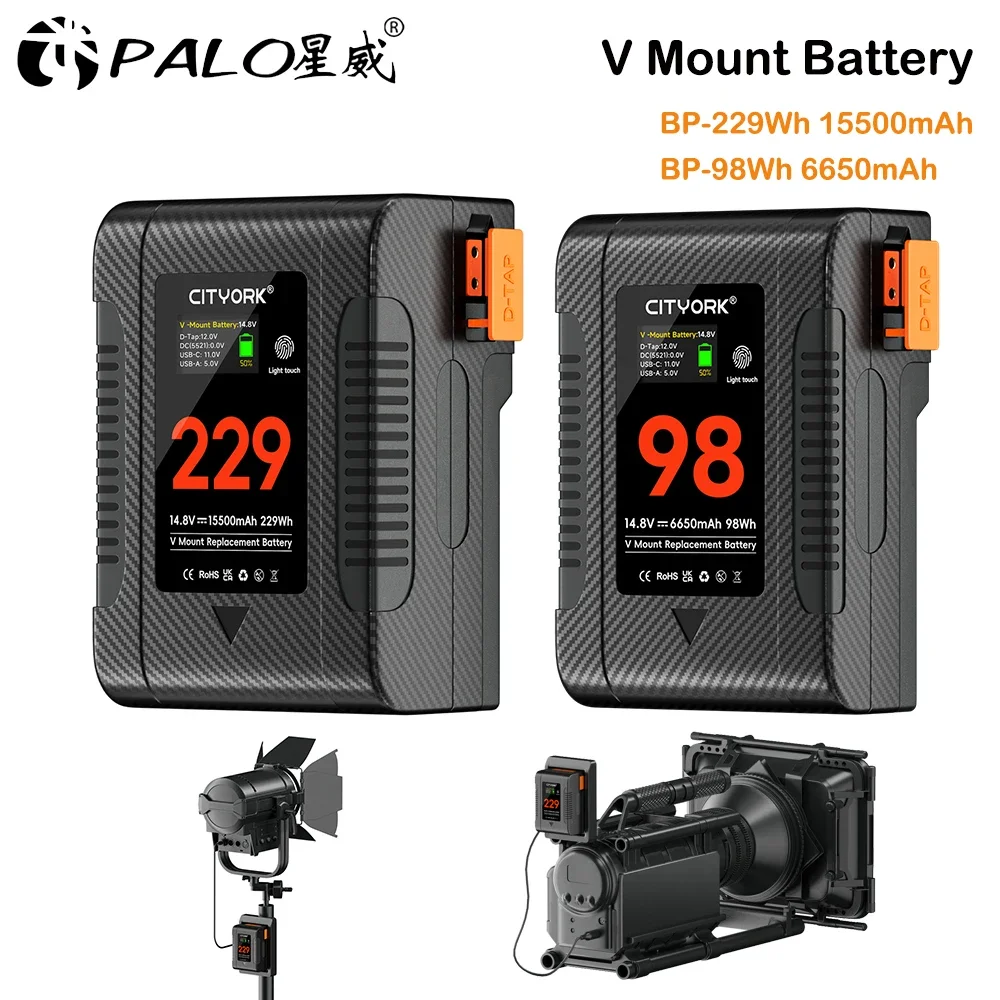 V Mount Battery for Canon R5C Camera BMPCC 6K Pro Camcorder Video Lights Monitors USB-C PD65W OLED BP-98 BP-229 V Lock Batteries