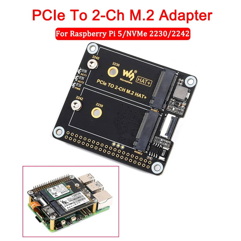 Raspberry Pi 5 PCIe To 2-ch M.2 Adapter 2230/2242 Size NVMe Solid State Drive High Speed Expansion Board for RPI 5