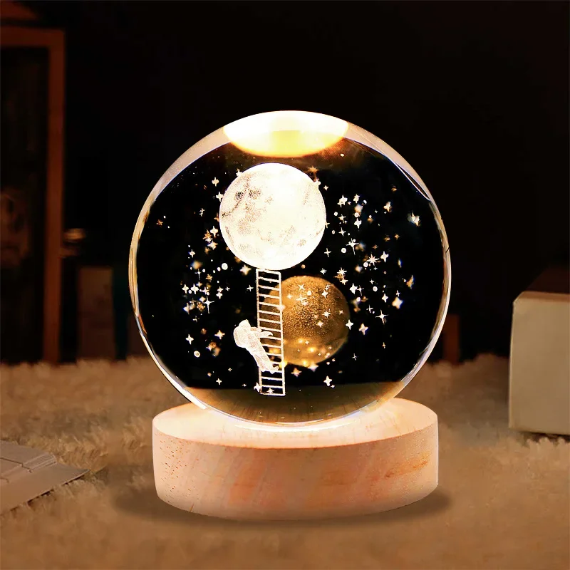 Bola de cristal estrellada de astronauta, luz nocturna, grabado interior 3d, Base luminosa, decoración creativa, bola de cristal, decoración de madera maciza