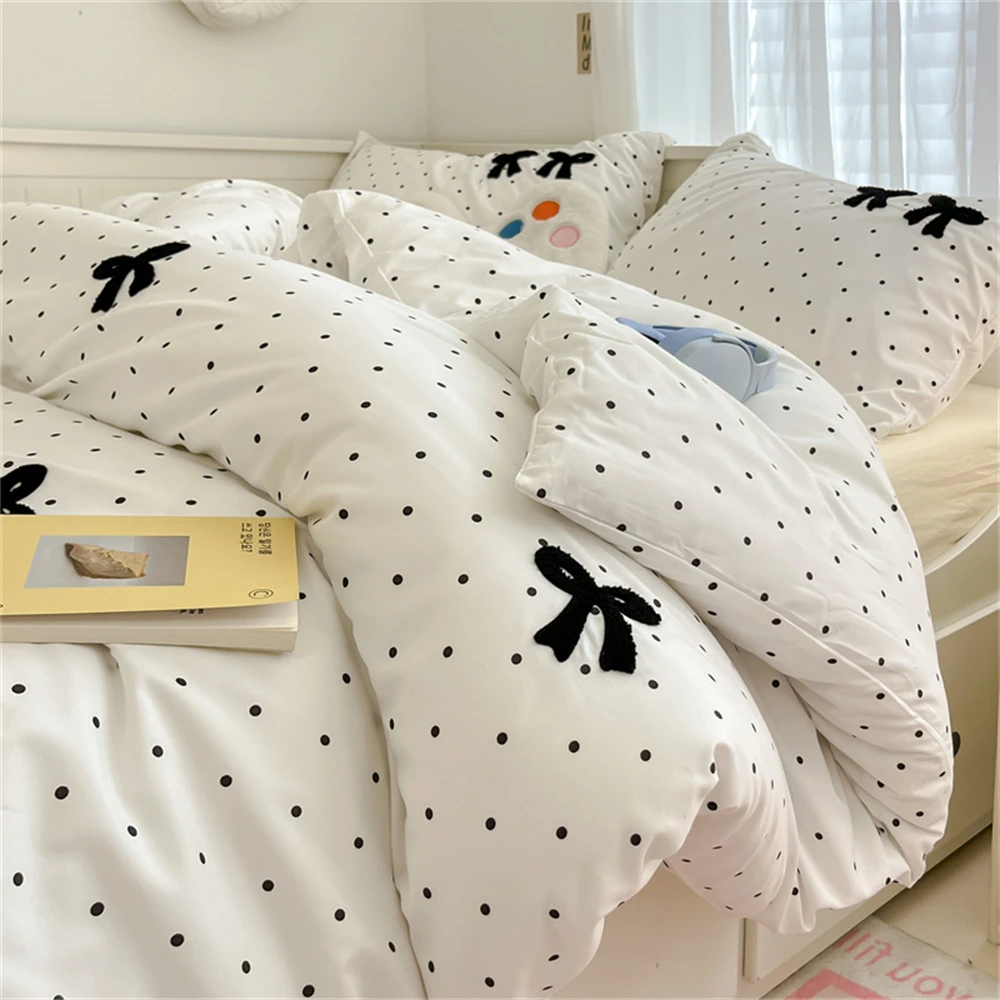 

Ins Style 1.5m/1.8m Fitted Sheet Bow Towel Bedding Set Girl Embroidery Washed Cotton Four-Piece Set Home Bed Sheet Three-Piece