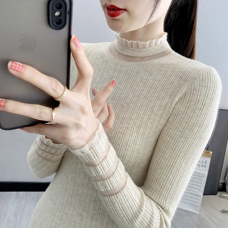 

Women's Slim Fit Long Sve Knitted Sweater f High Collar Pure Color Crew Ne Pullover Lace Trim Base Layer Top