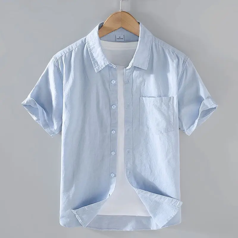 Cotton Linen Men's Short Sleeve Shirt Summer Thin Casual Loose Fit White Collared Business Casual Top Trendy Outerwear
