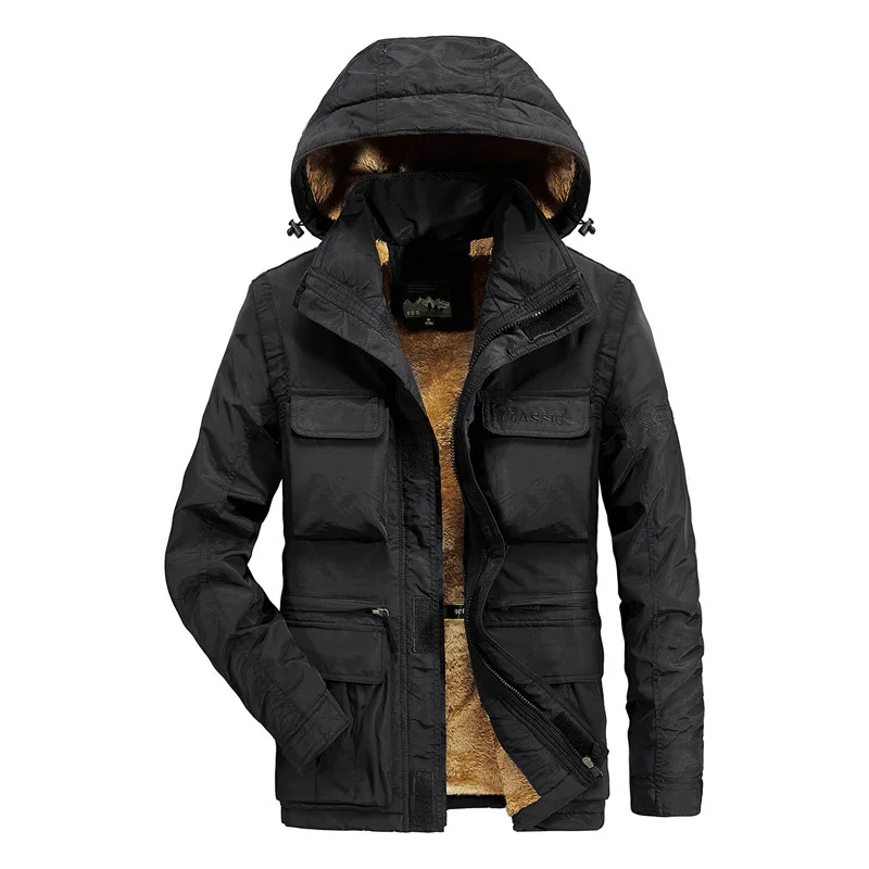 Jaqueta com capuz forrado com lã masculina, Parka térmica, Bolso de neve, Grosso, Mangas destacáveis, Windproof, Exterior, Moda, Inverno