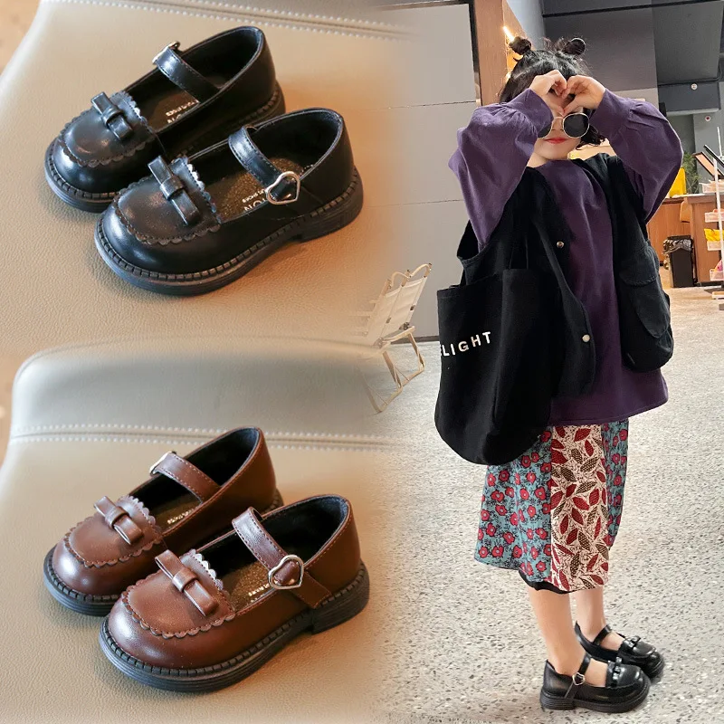 2023 New Mary Jane Shoes Kids Girls Shallow Solid Black Soft Retro Platform Shoes Japanese School Leather Loafers with Bow Flat