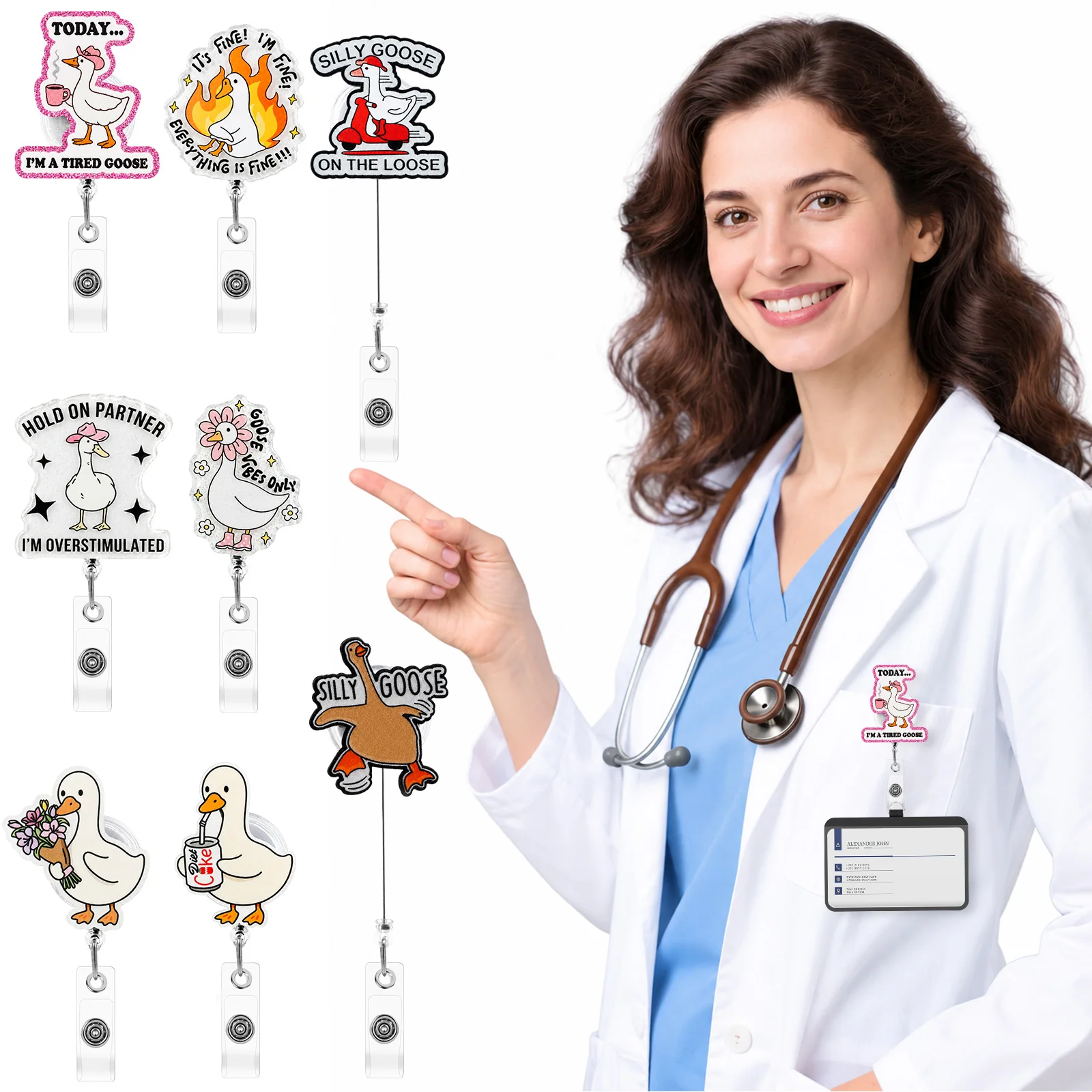 8 Pcs Funny Goose Badge Reel Retractable with Alligator Clip for Nurse Badge Reel Retractable Badge Reel Badge Reel Retractable