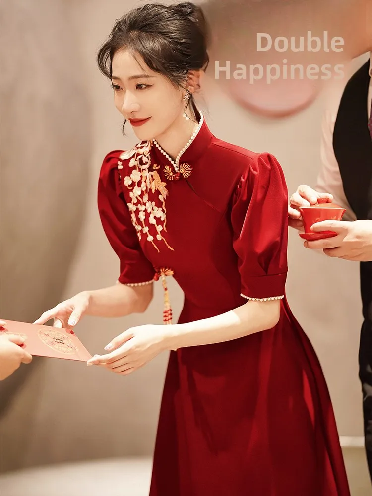 

Red Wedding Qipao Embroidered Stand Collar Thank You Dr Chinese Sle Return Home Engagement Par Evening Gown