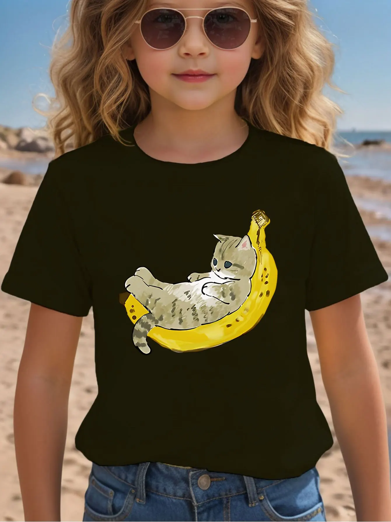 Cute Tabby Cat Lying On Banana Cartoon Graphic Kids T Shirt Boys Girls Family Matching Parent Child Summer Crew Neck Casual Tee