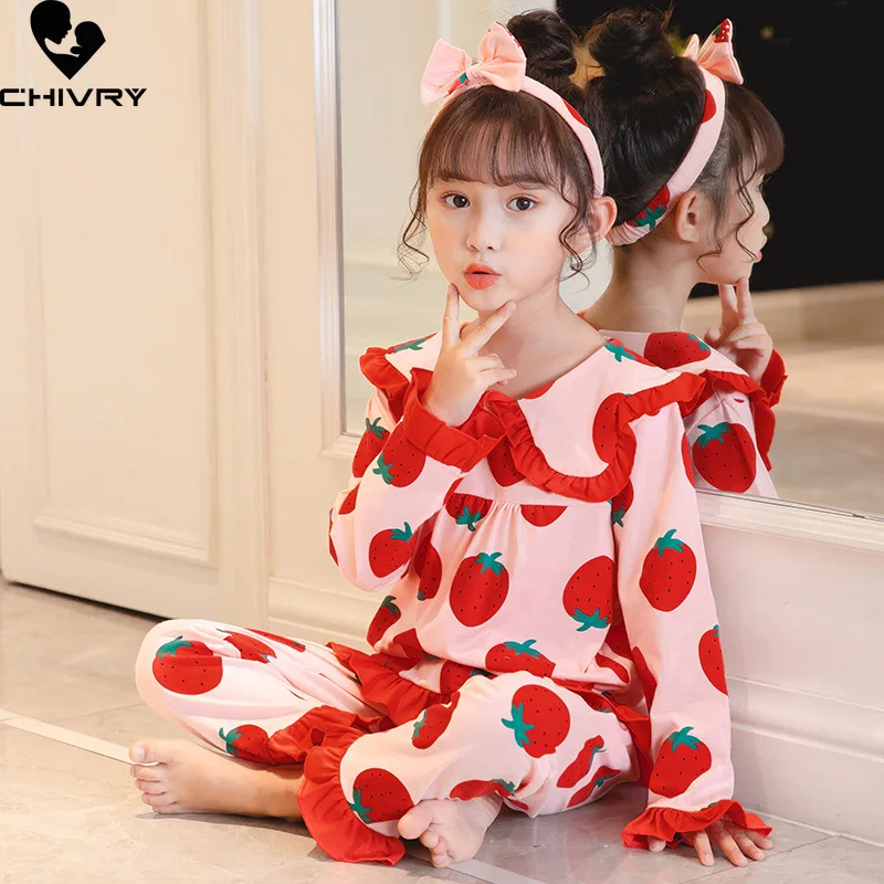 New Girls Pajamas Sets Casual Cartoon Print Long Sleeve Lapel Shirt Tops with Pants Baby Spring Summer Loose Sleeping Homewear