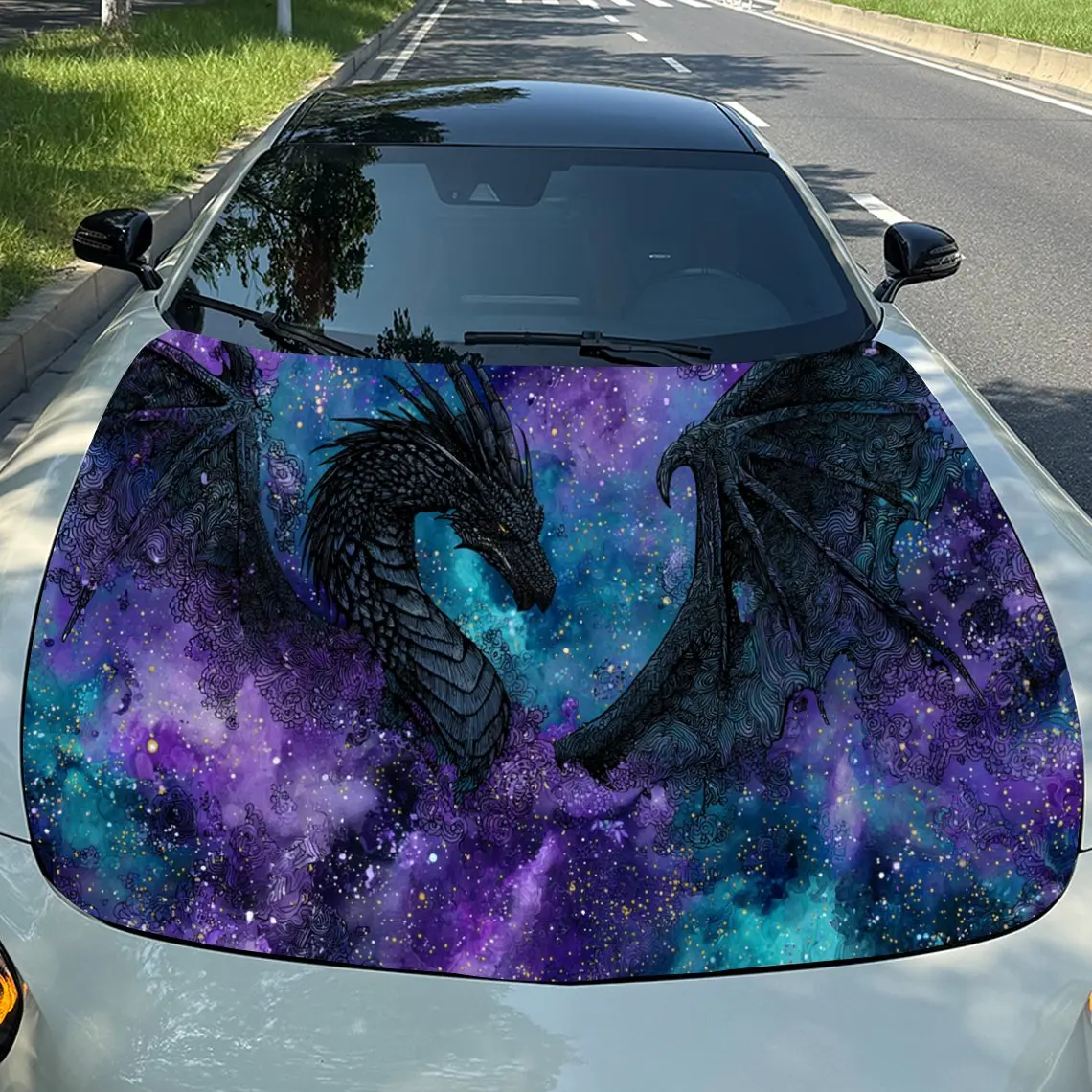Car Decal Two Dragons in Dynamic Posture in Purple Cosmic Background & Artistic, Mysterious-Celestial Visual Details Car Hood St