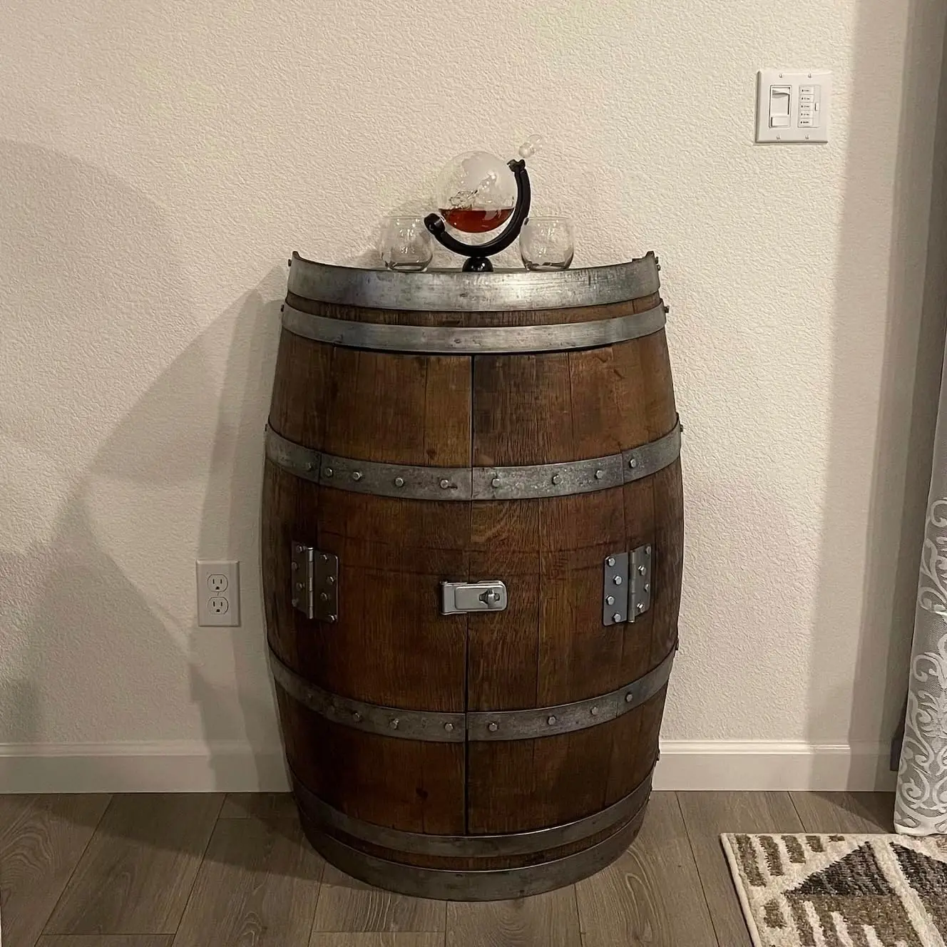 "Wine Barrel Storage Cabinet - Reclaimed Oak Half Barrel with Door, Rustic Farmhouse Decor & Storage"