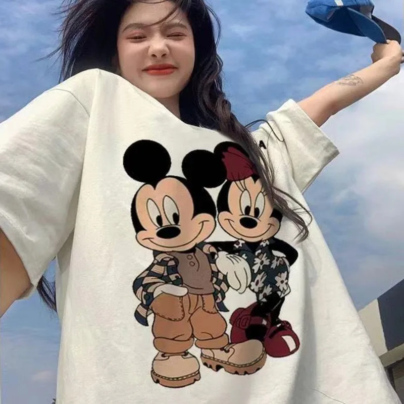 Disney Mickey Minnie Cartoon Print Pure Cotton Short Sleeved T-shirt Women's Summer Korean Style Loose Versatile Round Neck Top