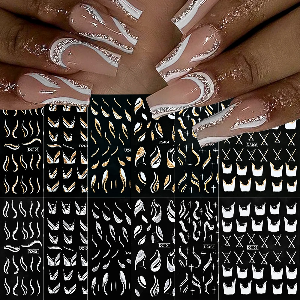 1Pc Ideas Glitter French Nails Stickers 3D Self adhesive Waves Curve White Stripes Lines Manicure Decals Silver/Gold Nails Decor