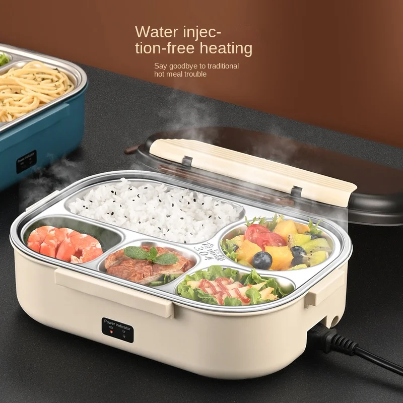 Portable 5 Grids Stainless Steel Dinner Plate Electrically Heated Lunch Boxes and Insulated Bags Set Spoons Chopsticks & Charger