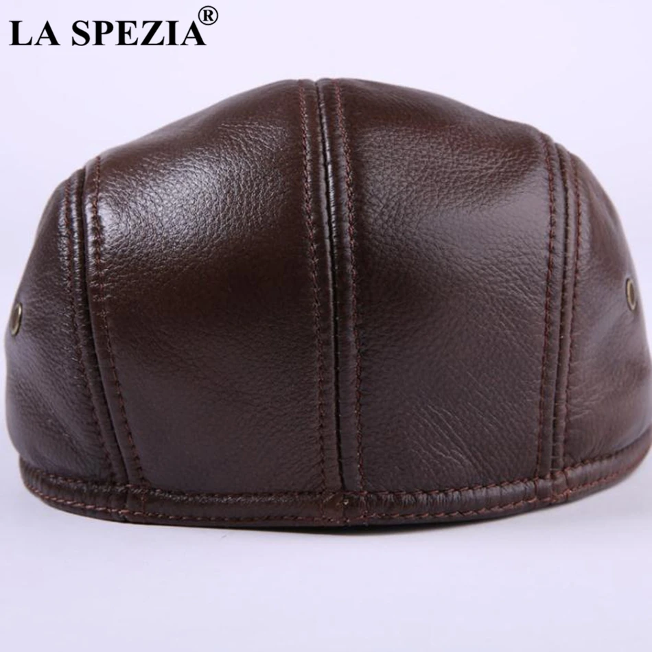 LA SPEZIA Classic Beret Caps Men Warm Genuine Leather Caps Ivy Windproof Duckbill Hat Burgundy Winter Luxury Brand Flat Hats