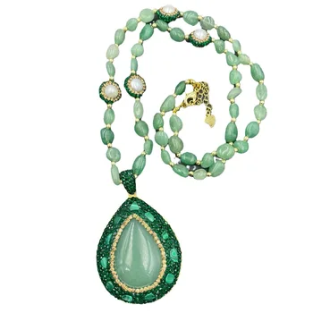 MVN051 2024 new natural green chalcedony necklace inlaid pearl chain medieval jewelry noble and elegant style long bead necklace