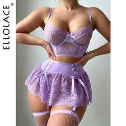 Ellolace Fairy Dessous Sexy Dames Zarte Unterwäsche Polka Dot Spitzenrock Durchsichtiger BH Lavendel Bilizna Set mit Strumpf