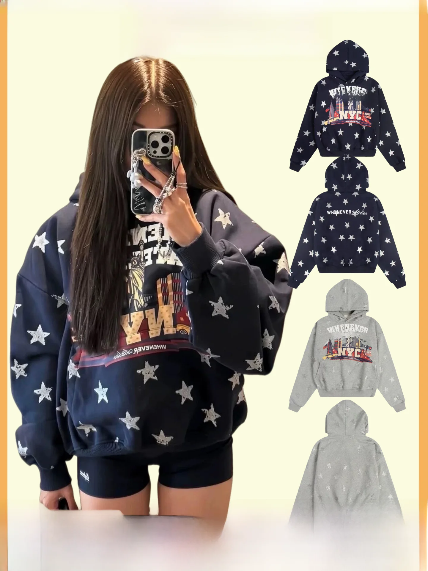 

Thickened Fleece Hooded Star Print Sweatshirt for Couples Autumn Winter Loose Fit Cotton Long Sleeve Short Style Commute Wind