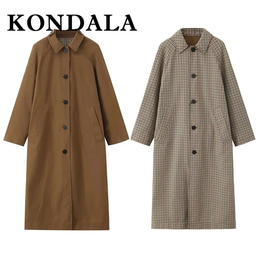 KONDALA 2025, Herbst Casual Frau doppelseitige Reversible Graben Mantel Plaid Einreiher Mode Taschen Vintage Mujer Graben