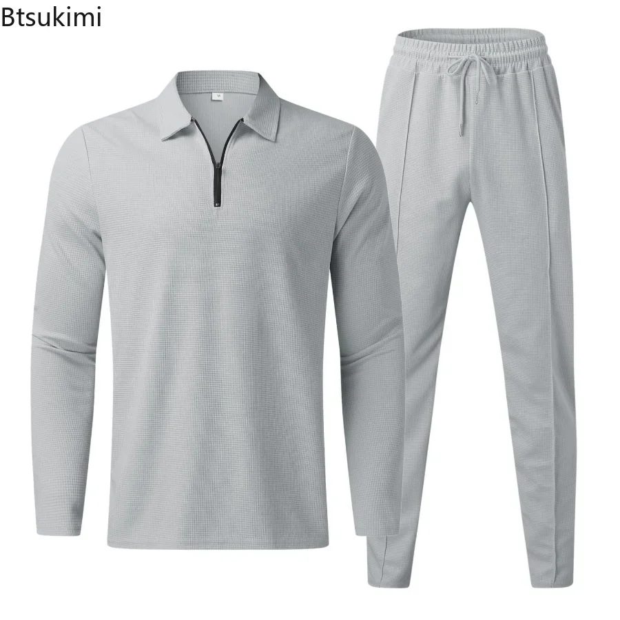 New 2024 Men\'s Casual Long Sleeve Polo Shirt+Sweatpants Suit Sets Solid Men V-neck Sweatshirt Clothing Sets 2PCS Mens Clothes