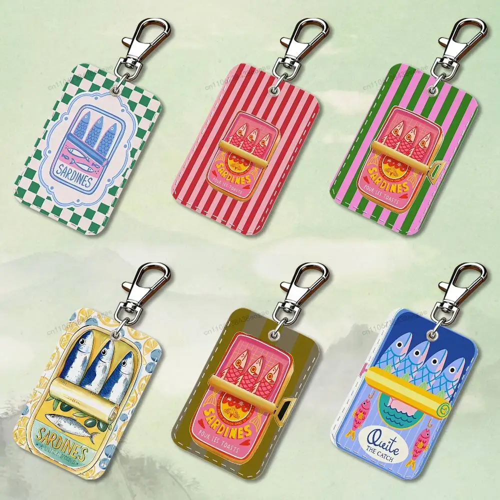 Sardine Art Rectangle Card Case Keychain Access Card Bag Key Tag Ring Leather Card Holder Key Ring Access
