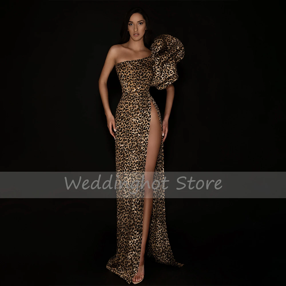 Sexy Evening Dresses for Women Long One Shoulder High Slit Mermaid Evening Gown Leopard Print Puff Sleeve Robe de Soirée 2023