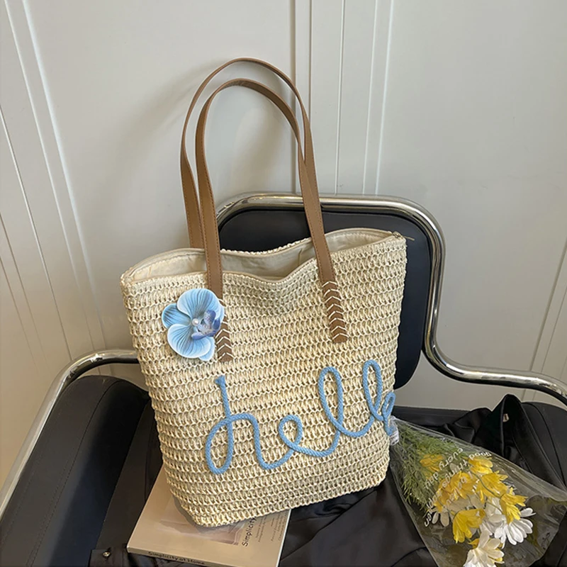 Bolso de Hombro Grande de Paja Tejida para Mujer, Estilo Sencillo Urbano, Ideal para Vacaciones de Verano en la Playa o para el Traslado Diario