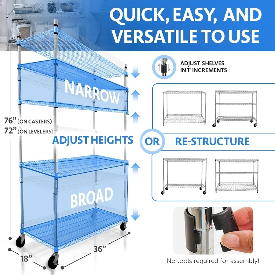 4000 LBS Heavy Duty Metal Shelving Unit 36x18x76 NSF 5-Tier Wire Rack with Wheels Adjustable Garage Storage Shelves Chrome Wire