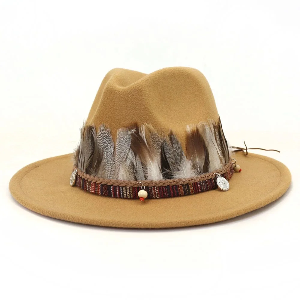 Feather Ethnic Style Decorative Band Fedora Hat Men Women Jazz Flat Brim Hat British Woolen Knight Cap 3